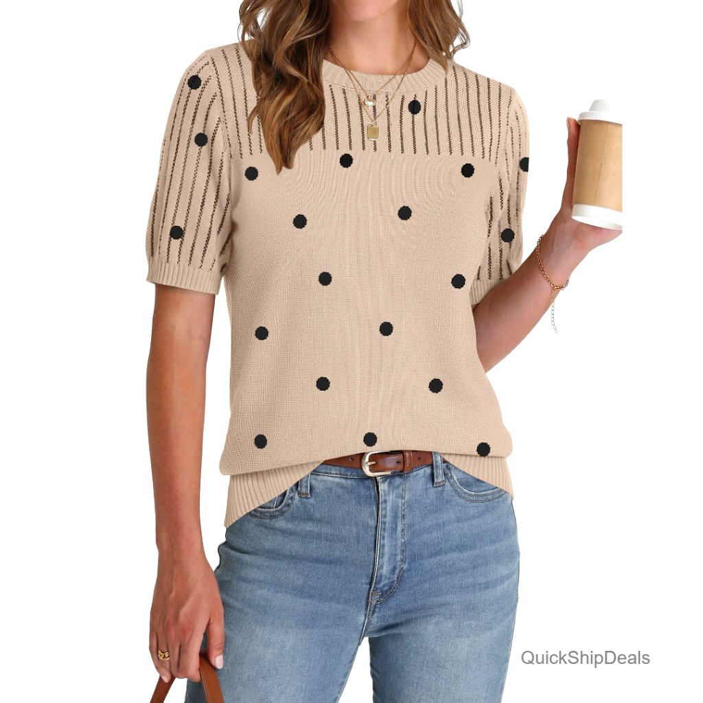 Short Sleeve Sweater Top Crew Neck Hollow Out Blouse Business Casual